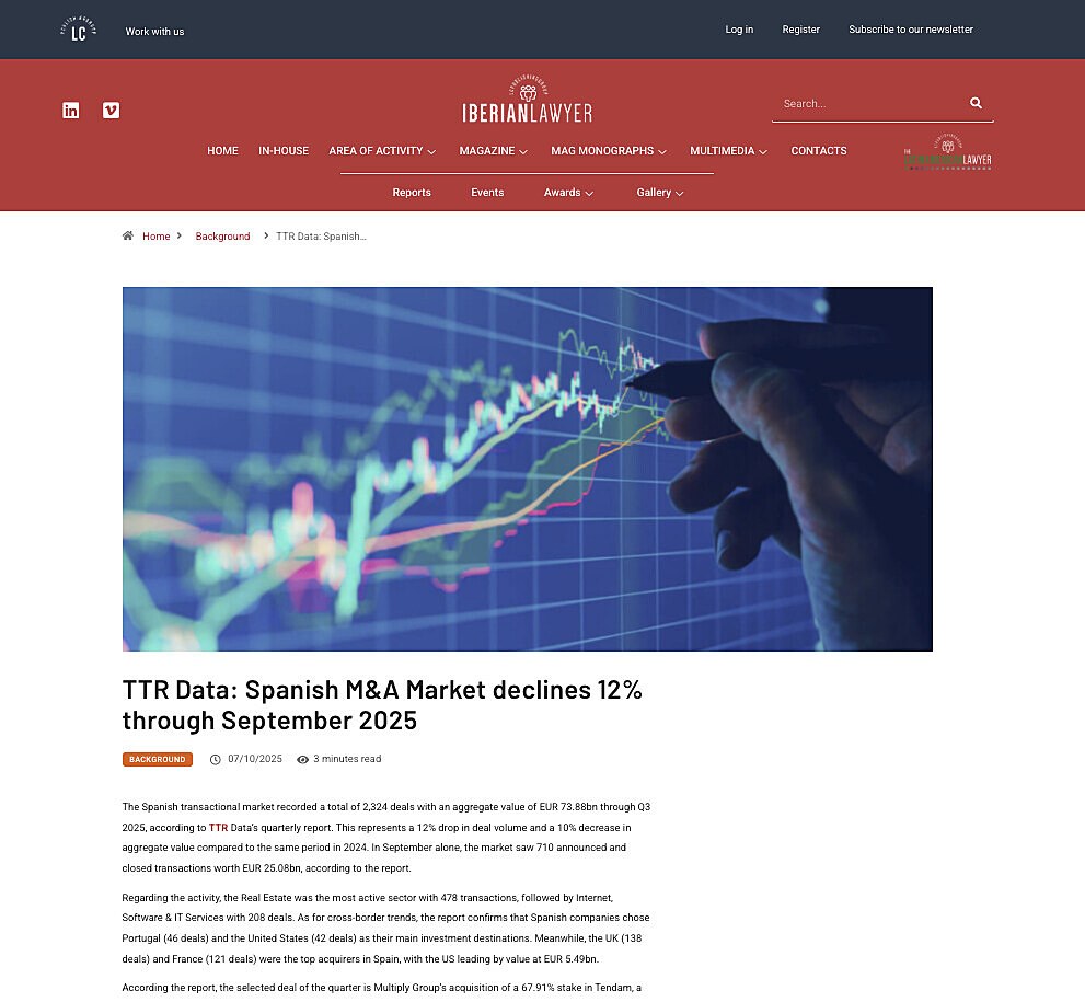 TTR Data: Spanish M&A Market declines 12% through September 2025